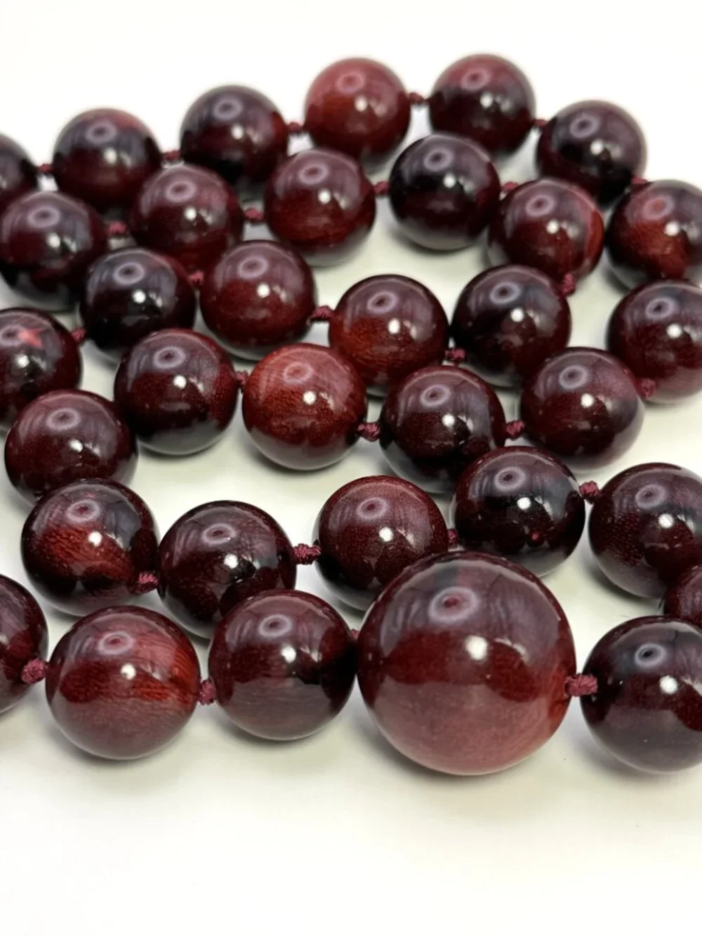 Vintage Red Hardwood Bead Necklace Knotted Graduated Polished 30” 125g